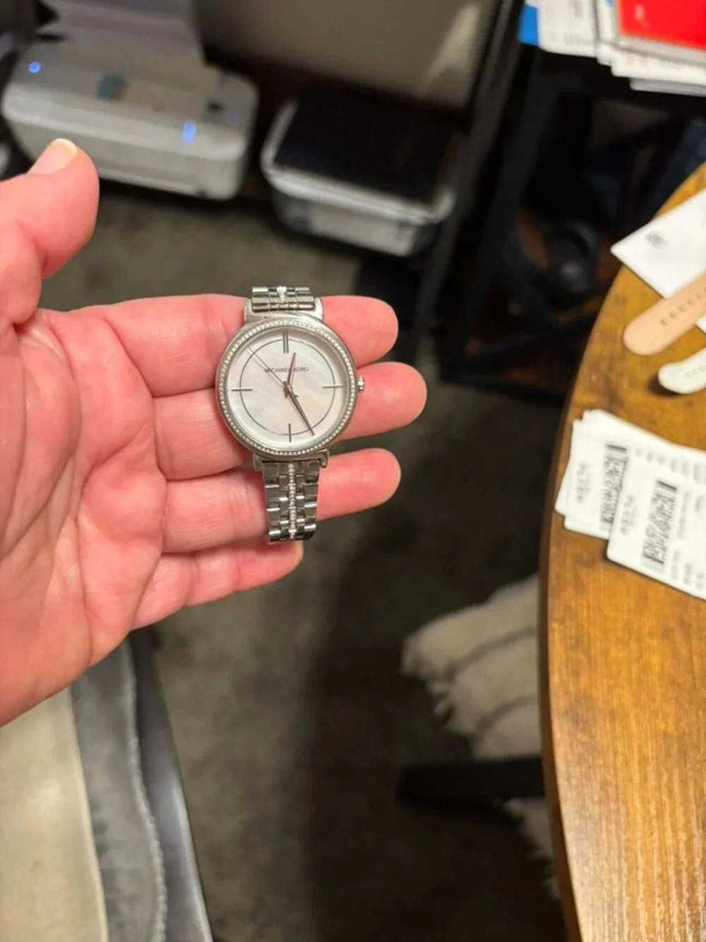 Michael Kors Silver Tone Crystal Bezel Watch Mother of Pearl Dial